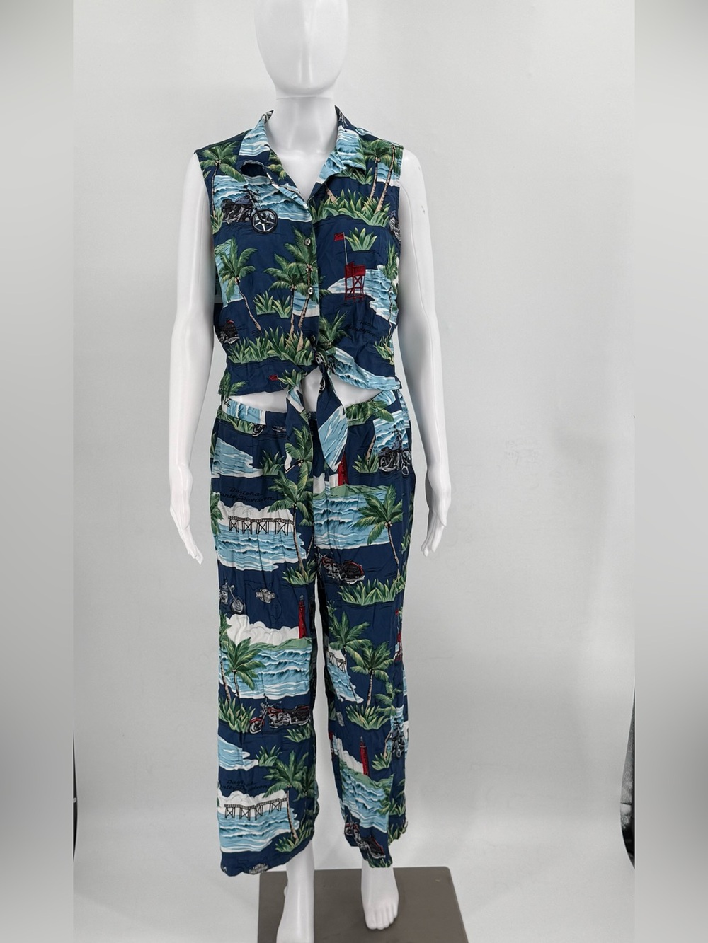 Harley Davidson 2Pc Set Hawaiian Motorcycles Sleeveless Tie Front Top & Pants L